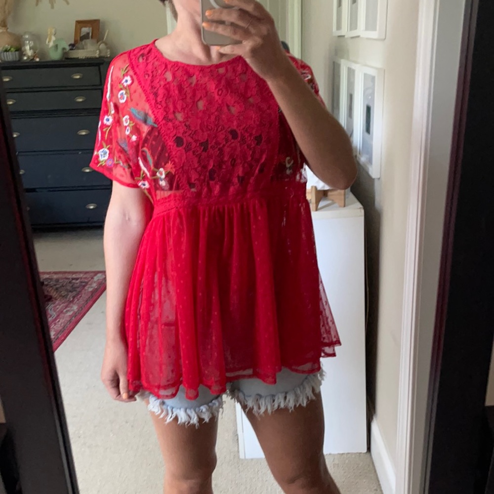 Babydoll Tunic Top Lace Dot & Floral Embroidery